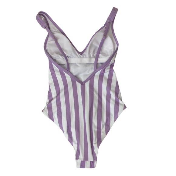 Striped Purple White V-neck Medium Coverage One Piece Bathing Swimsuit - Picture 2 of 4